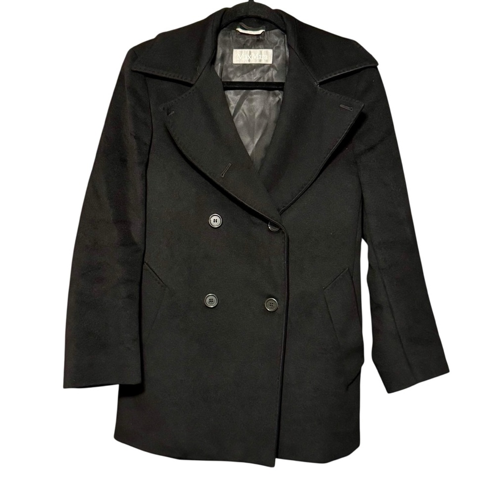 MAX MARA 100% Virgin Wool Made In Italy Double Breasted Black Pea Coat Size 2 - Picture 3 of 14